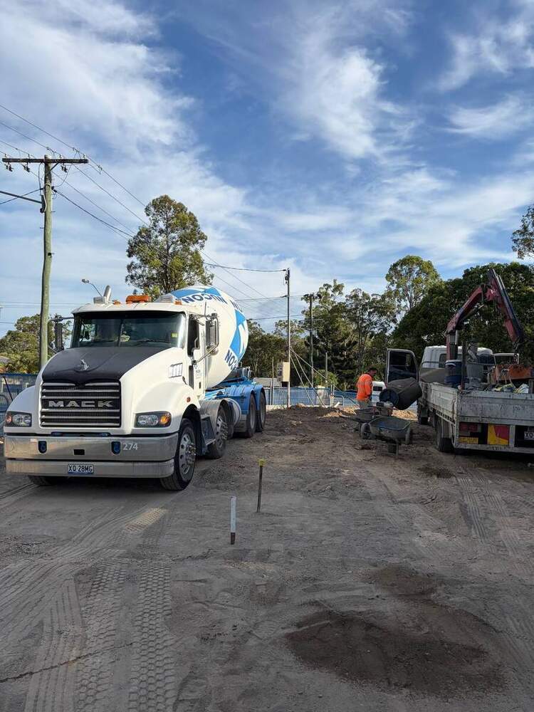 Mack concrete agitator truck on site ready to pour